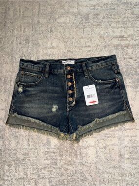 Free People dark blue button-front distressed jean shorts